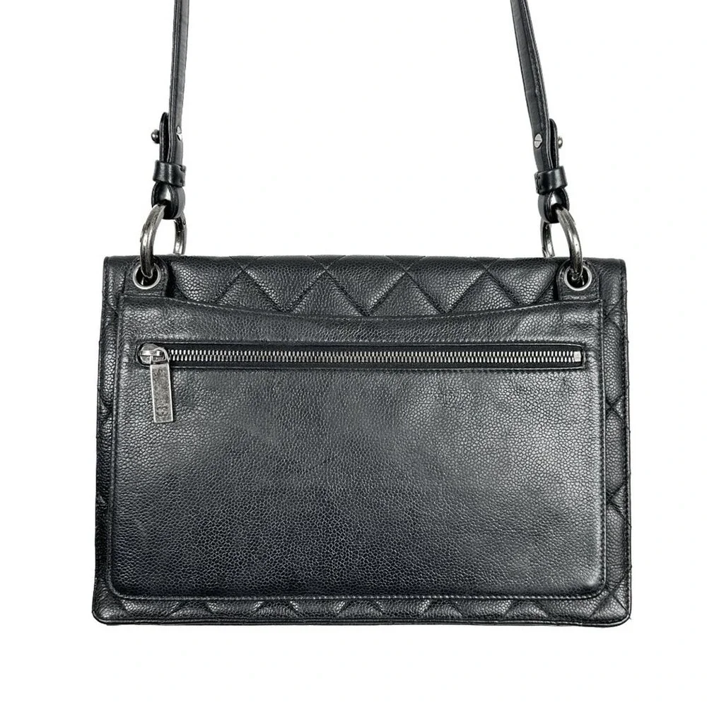 Chanel Black Caviar‎ Leather Quilted Flap Shoulder Bag Silver CC Chain